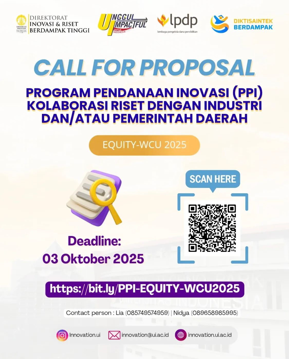 Program Pendanaan Inovasi (PPI) Kolaborasi dengan Industri dan/atau Pemerintah Daerah EQUITY-WCU 2025
