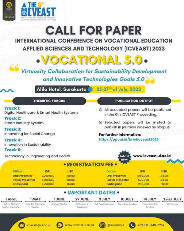 Informasi Call for Paper and Poster The 6th International Conference on Vocational Education Applied Science and Technology (ICVEAST) 2023