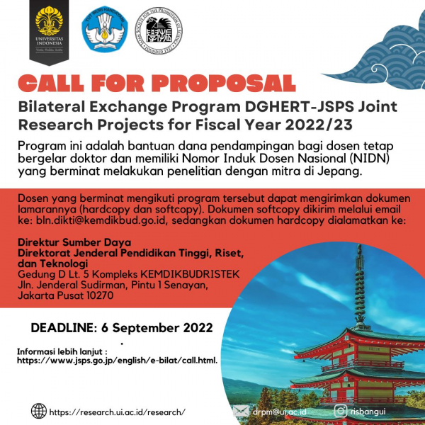 Pembukaan Pendaftaran Bilateral Exchange Program DGHERT-JSPS Joint Research Projects for Fiscal Year 2022/23
