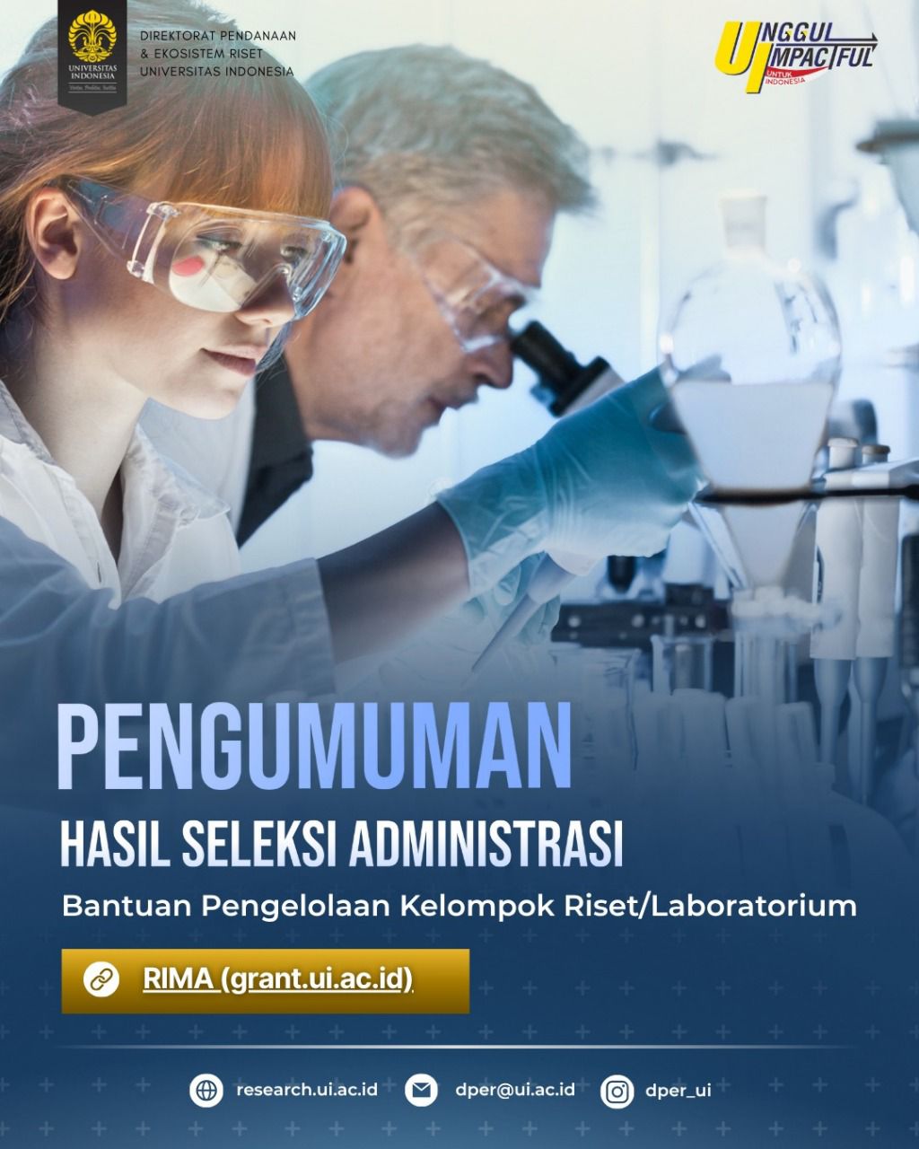 PENGUMUMAN HASIL SELEKSI PROPOSAL BANTUAN PENGELOLAAN KELOMPOK RISET/LABORATORIUM 2025